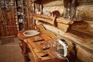 Wooden table in sauna